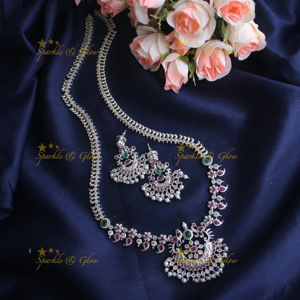 Matte silver Elegant and simple Mango CZ stones peacok haram - Green Pink - Sparkle and Glow