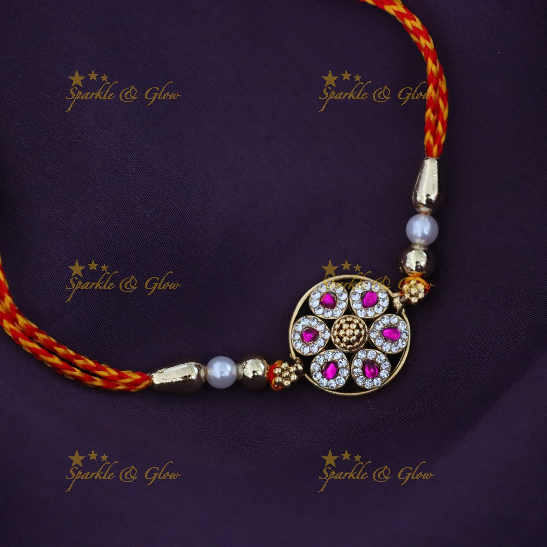 Elegant Gold-tone Rakhi with Pearls & Pink Stones