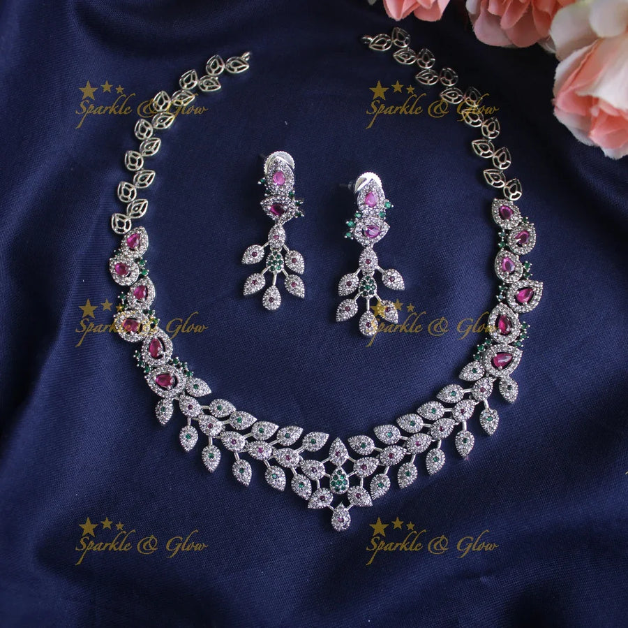 Matte silver cz stone leaflet necklace - Sparkle and Glow