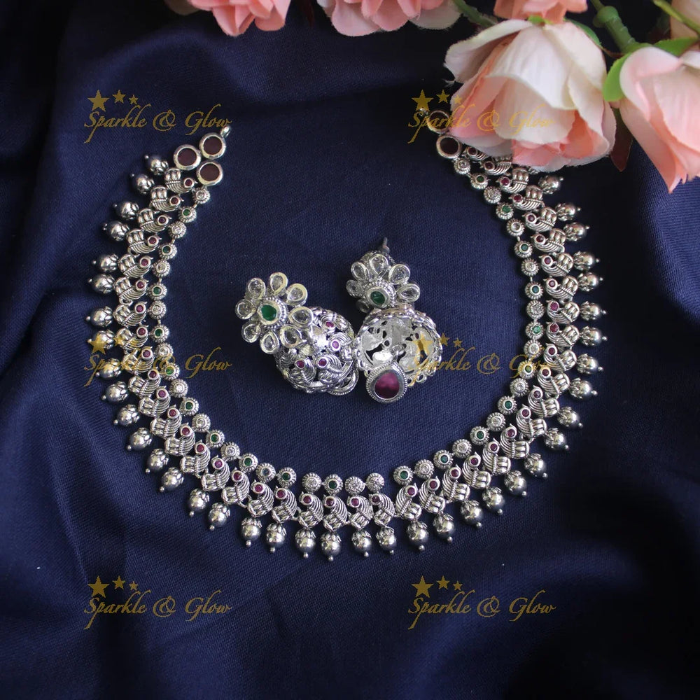 Matte silver cz stone peacock necklace - Sparkle and Glow