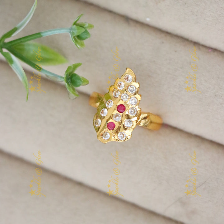 Elegant Gold-Plated Finger Ring with Red Stones