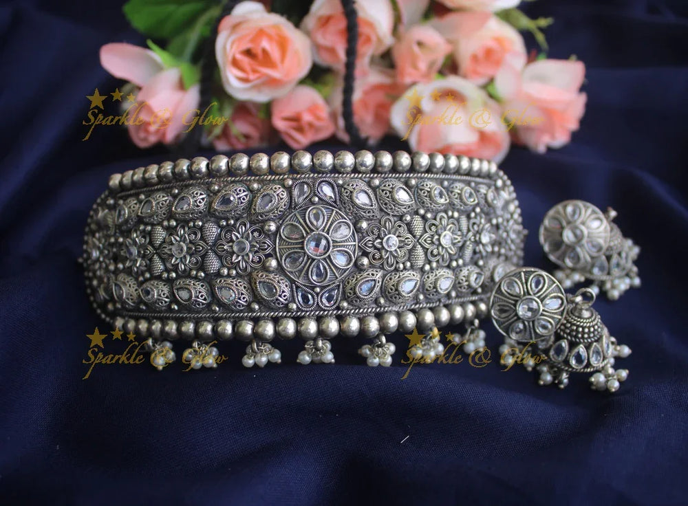 German Silver silver look alike high neck choker - Baby Pink - Sparkle and Glow