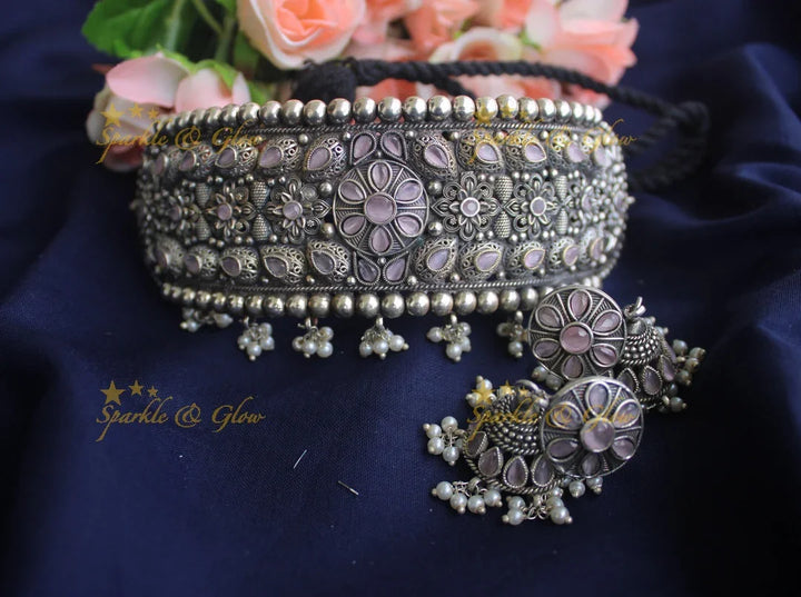 German Silver silver look alike high neck choker - Baby Pink - Sparkle and Glow