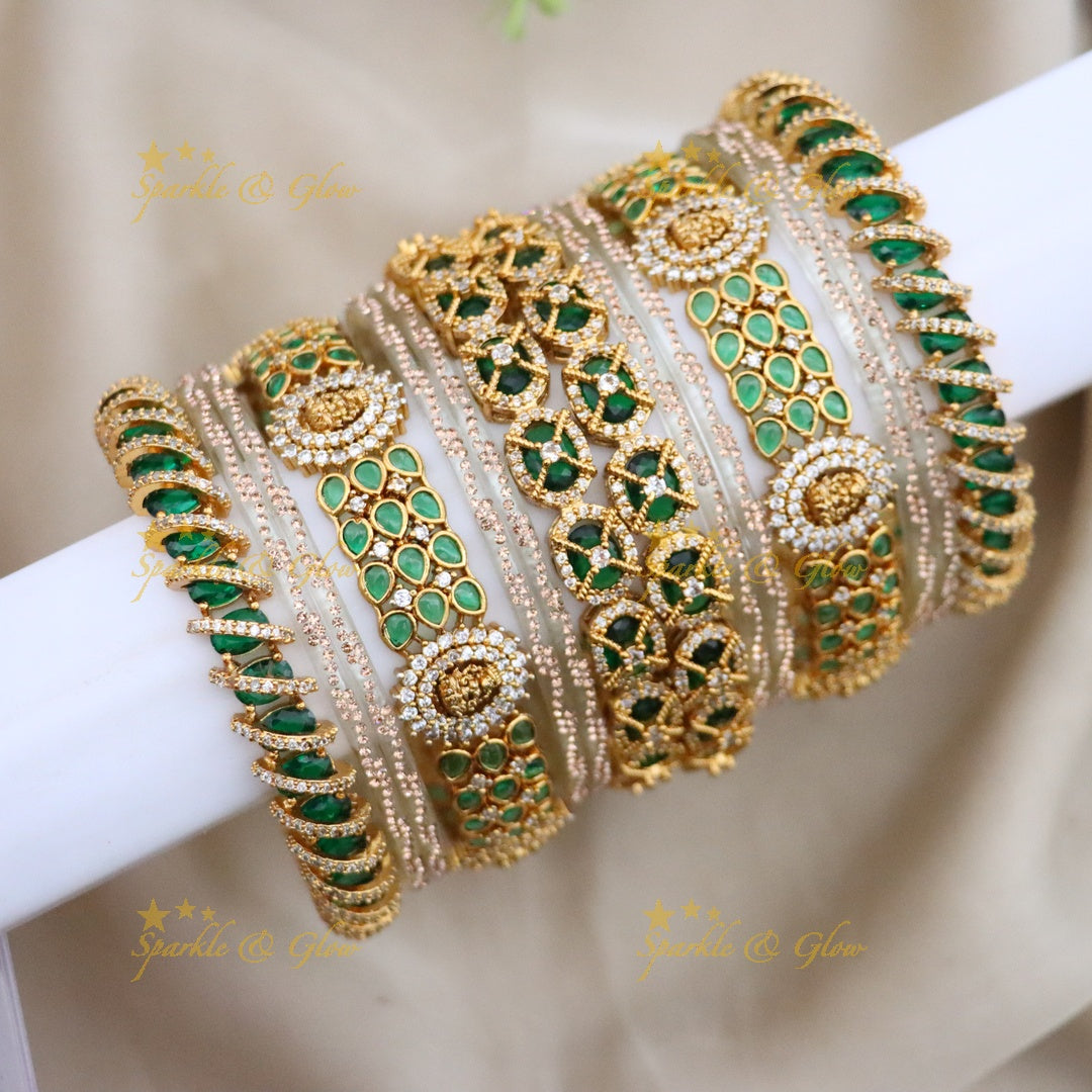 Exquisite Lakshmi Emerald Bridal Bangle Set Online