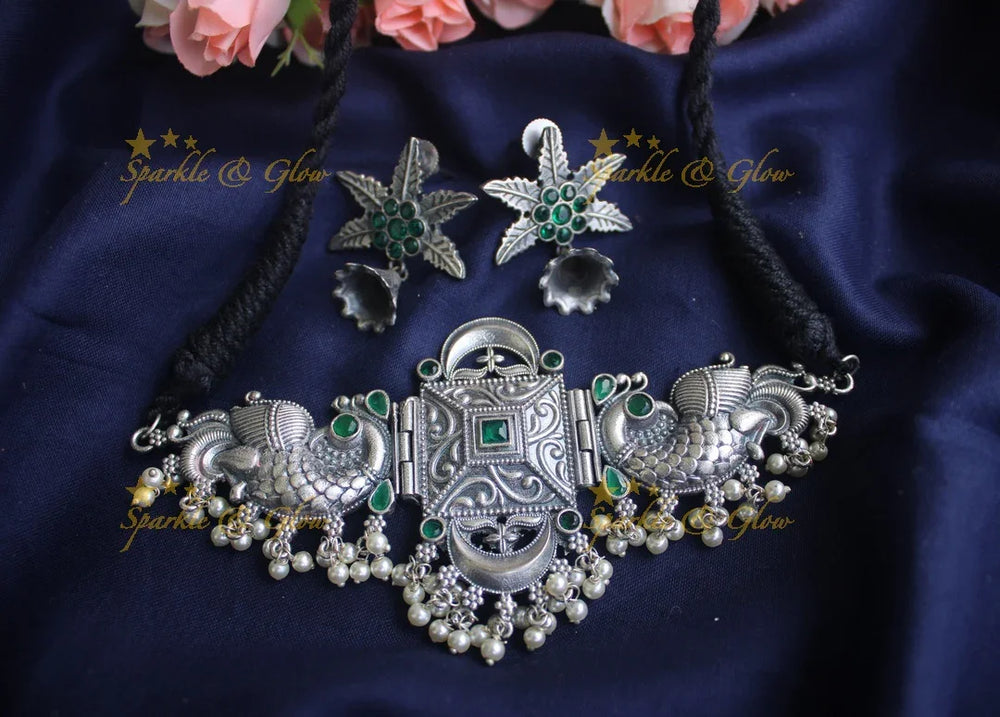 German Silver silver look alike peacock high neck choker - Green - Sparkle and Glow