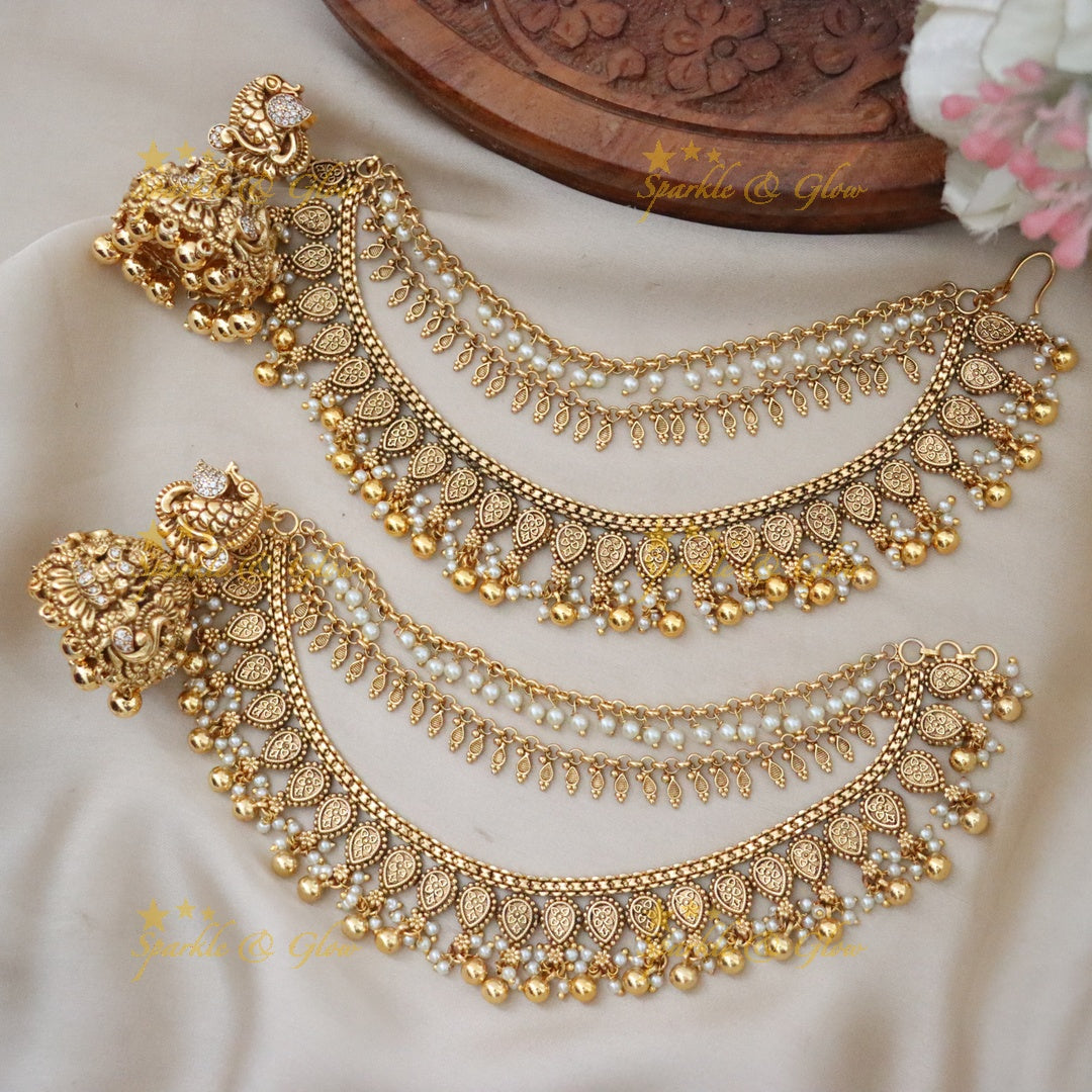 Elegant Lakshmi Peacock Earring Earchain Set