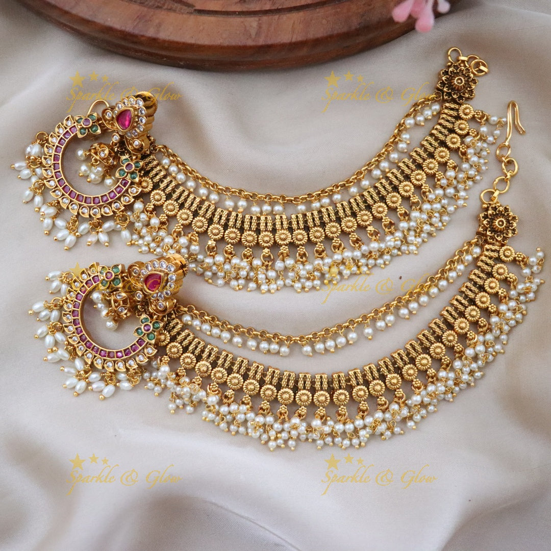 Elegant Floral Guttapusalu & Earchain Jewelry Set