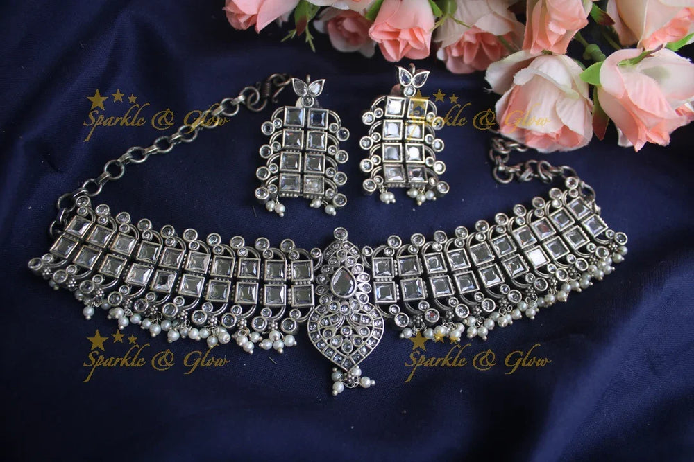 German Silver silver look alike Stone high neck choker - Mint Green - Sparkle and Glow