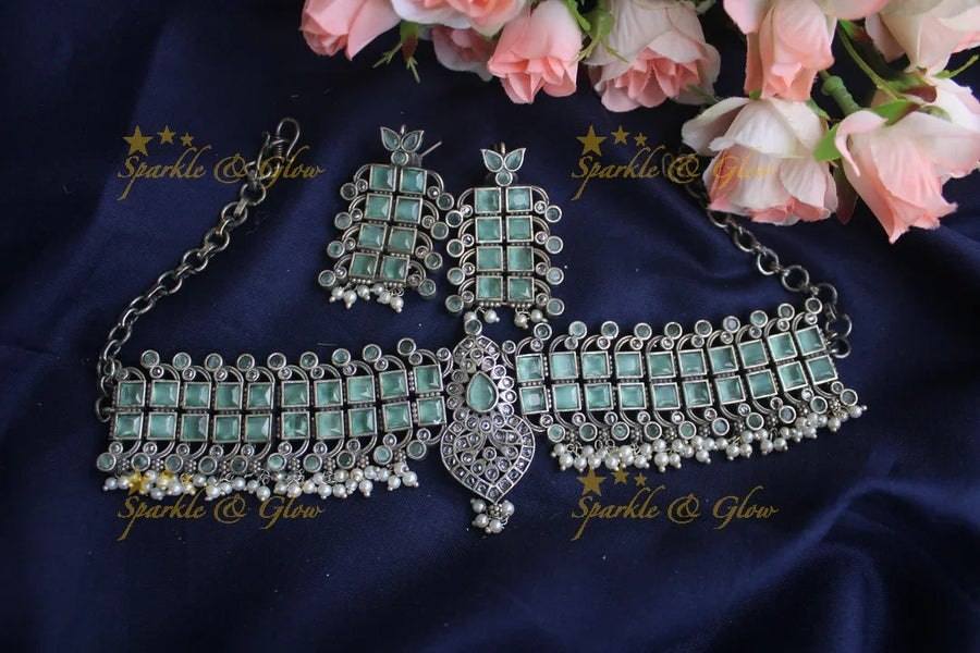 German Silver silver look alike Stone high neck choker - Mint Green - Sparkle and Glow