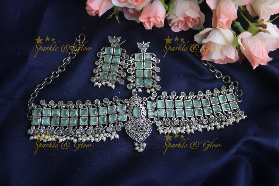 German Silver silver look alike Stone high neck choker - Mint Green - Sparkle and Glow