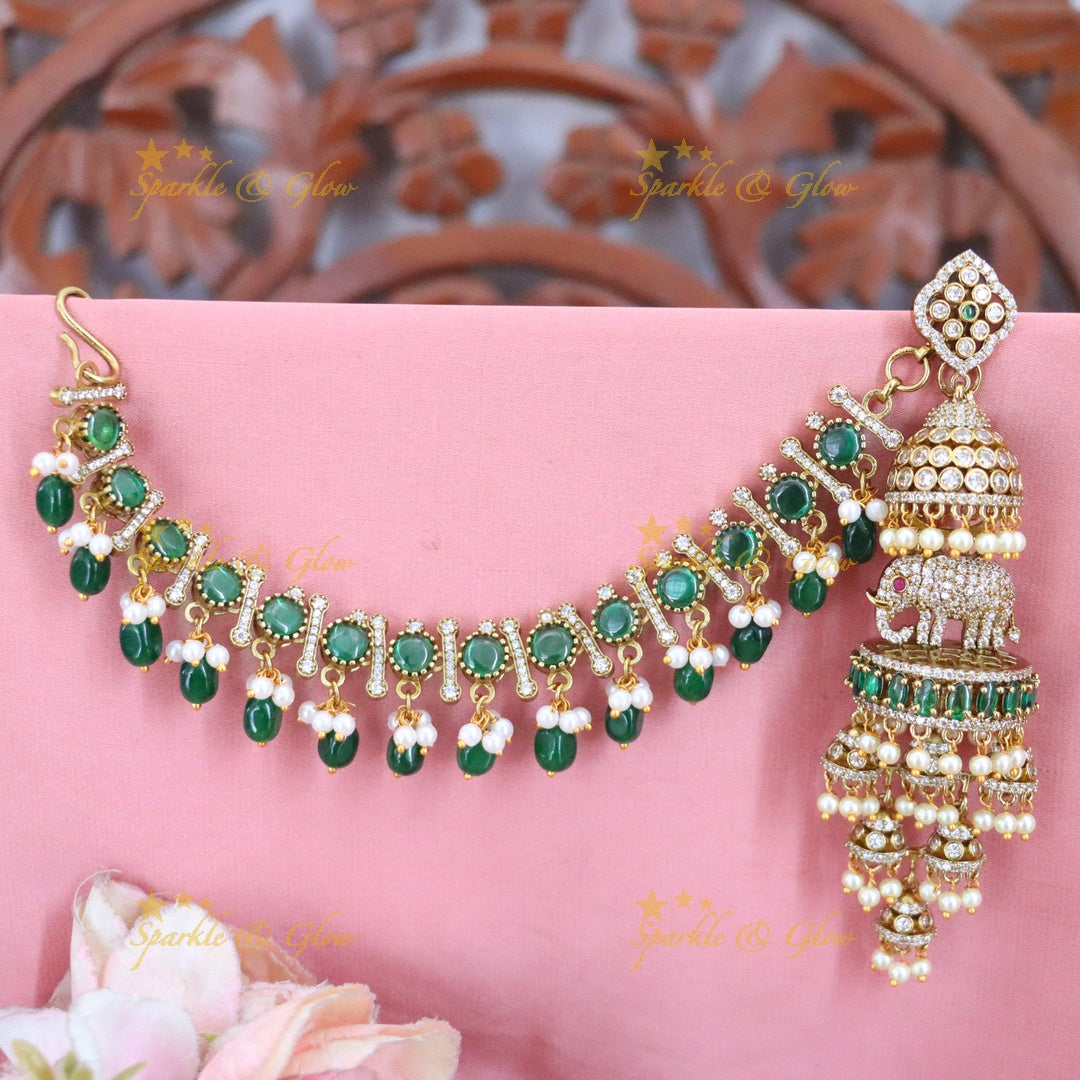 Elegant Elephant Carved Earring Earchain Set