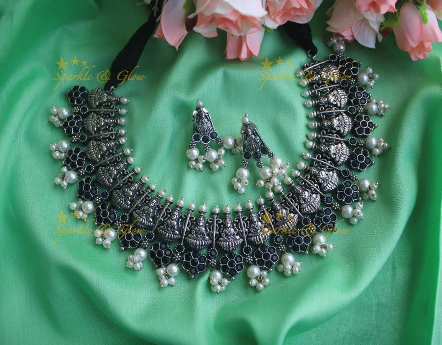 German Silver silver look alike Lakshmi Stone gutta pusalu necklace - Blue - Sparkle and Glow