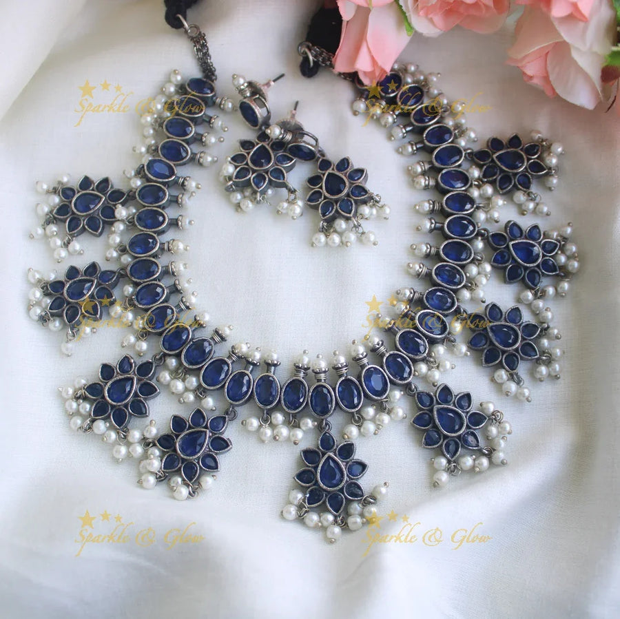 Black silver finish beautifull silver gutta pusalu necklace - Blue - Sparkle and Glow