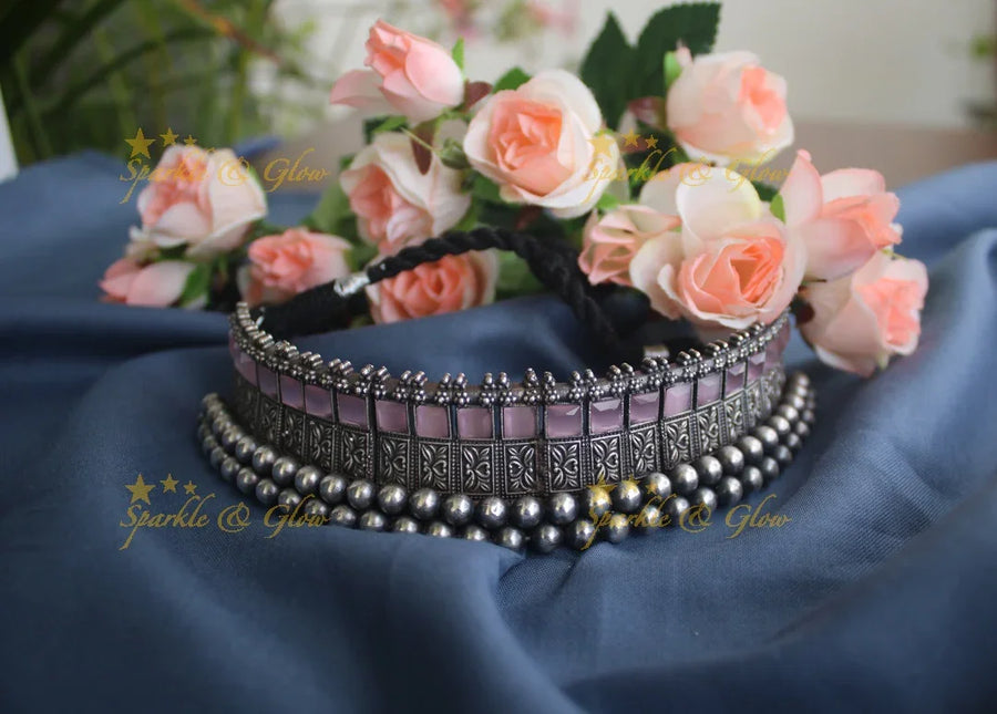 German silver silver look alike exquisite choker - Baby Pink - Sparkle and Glow