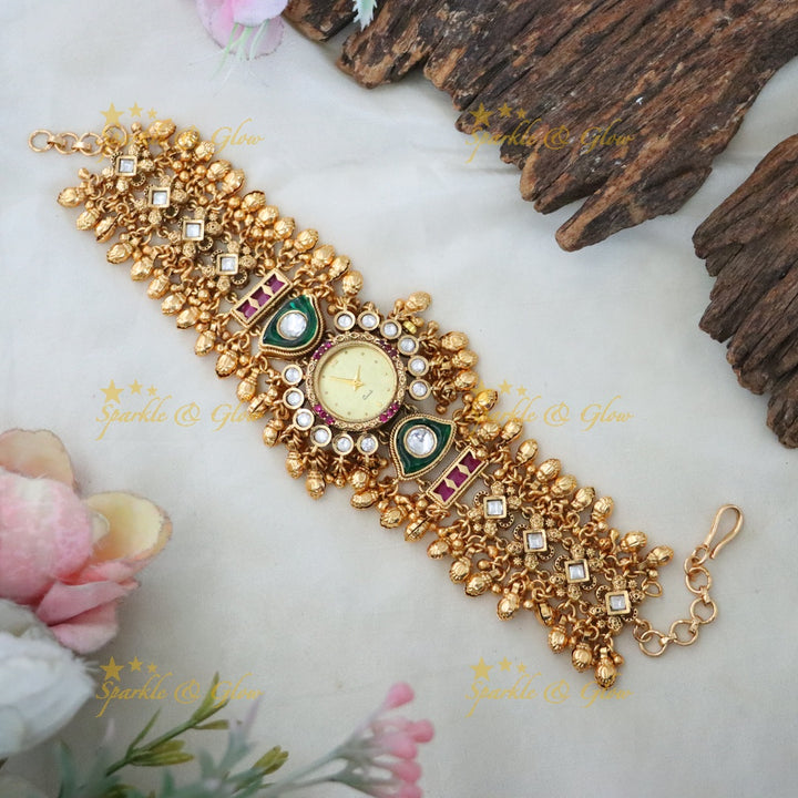 Antique Green Beads Watch Bracelet - Elegant Timepiece