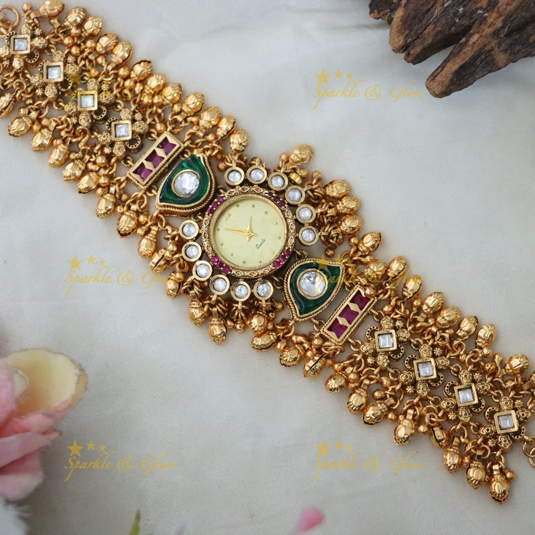 Antique Green Beads Watch Bracelet - Elegant Timepiece