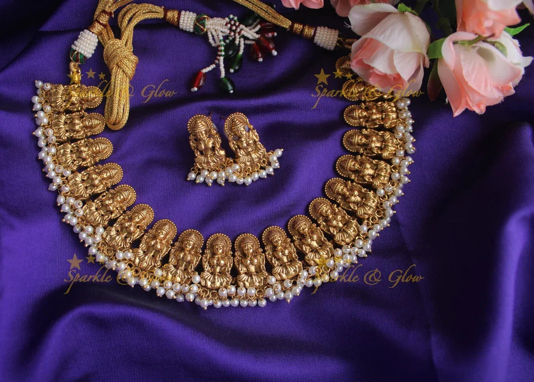 Gold alike Exquisite antique polish Lakshmi gutta pusalu necklace - Gold - Sparkle and Glow