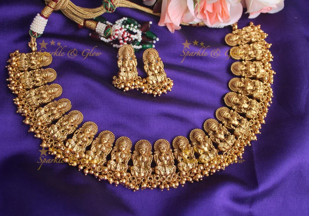 Gold alike Exquisite antique polish Lakshmi gutta pusalu necklace - Gold - Sparkle and Glow