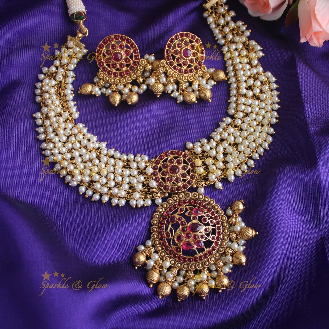 Gold alike Pearl cluster peacock necklace with kemp stones - Pearl Green - Sparkle and Glow