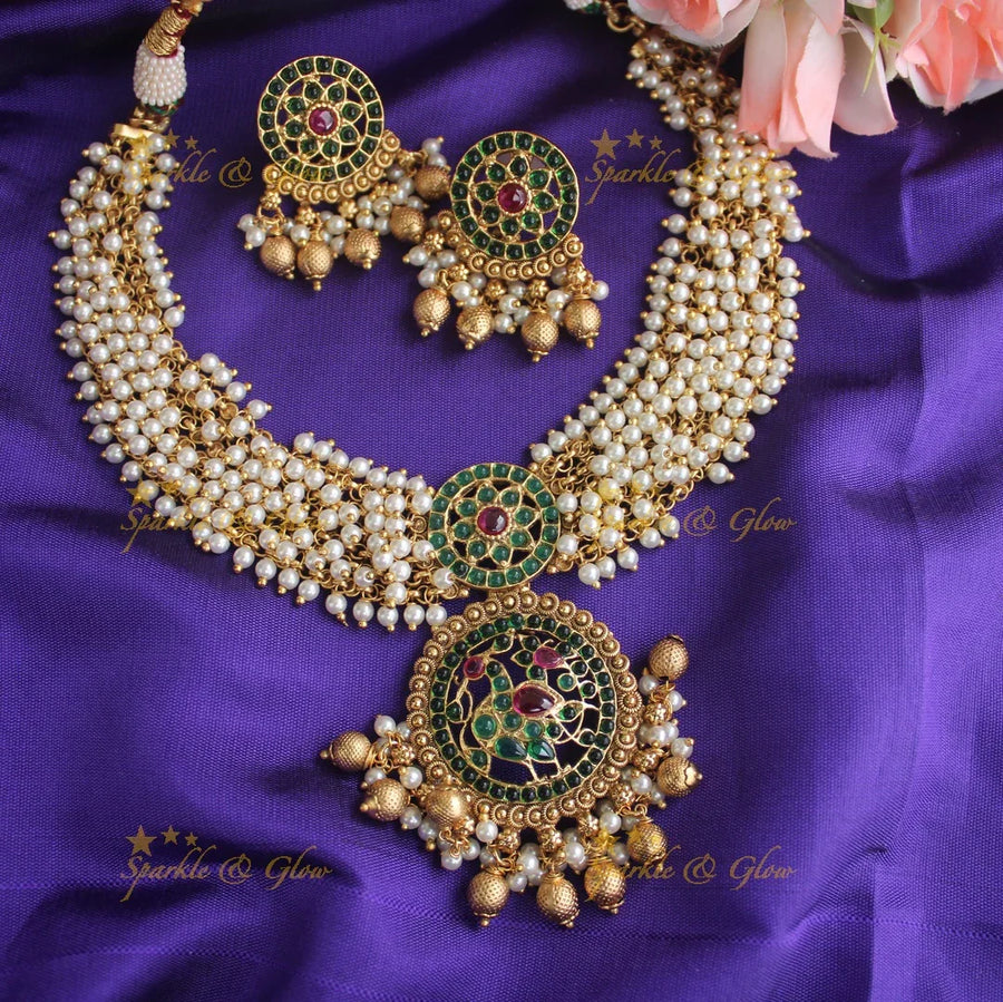 Gold alike Pearl cluster peacock necklace with kemp stones - Pearl Green - Sparkle and Glow