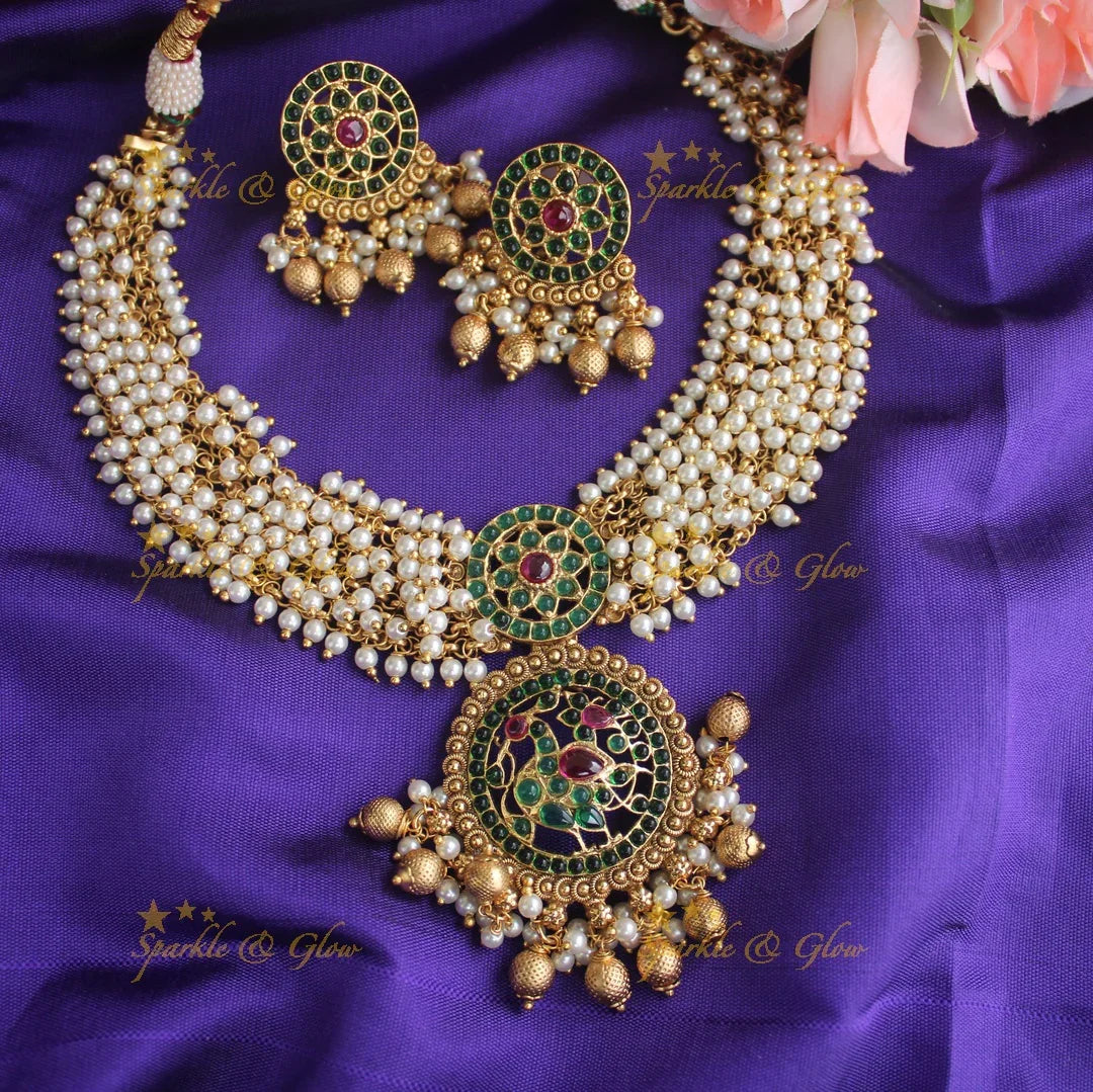 Gold alike Pearl cluster peacock necklace with kemp stones - Pearl Green - Sparkle and Glow