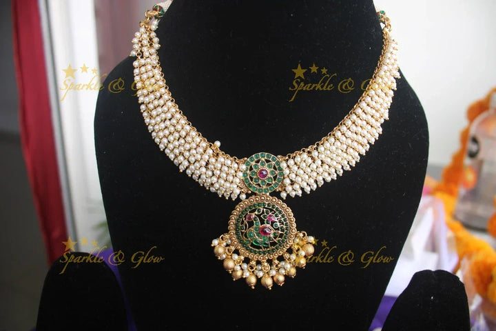 Gold alike Pearl cluster peacock necklace with kemp stones - Pearl Green - Sparkle and Glow