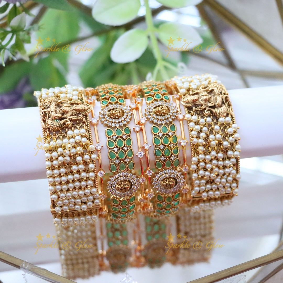 Grand Lakshmi Pearl Stone Bangles Set - Exquisite Crafting