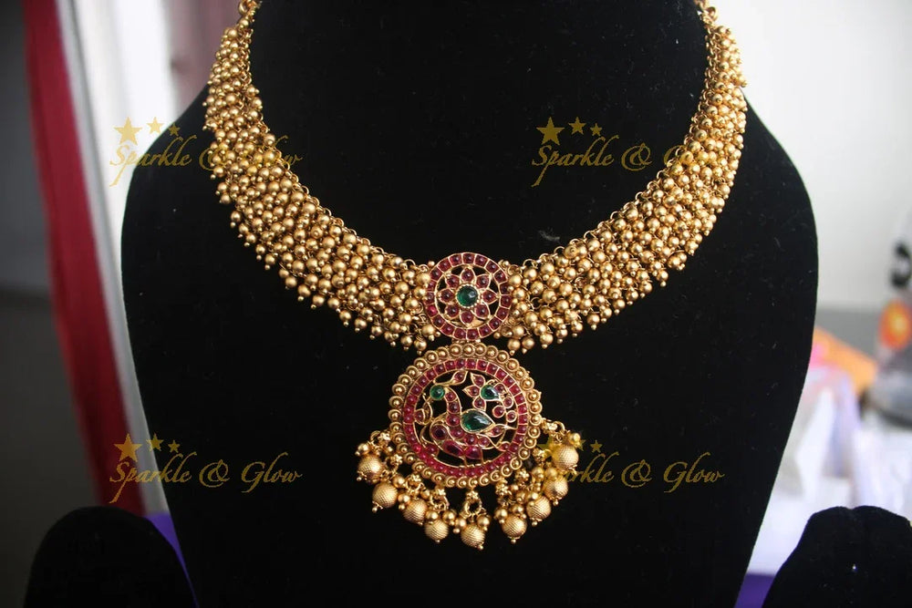 Gold alike Pearl cluster peacock necklace with kemp stones - Pearl Green - Sparkle and Glow