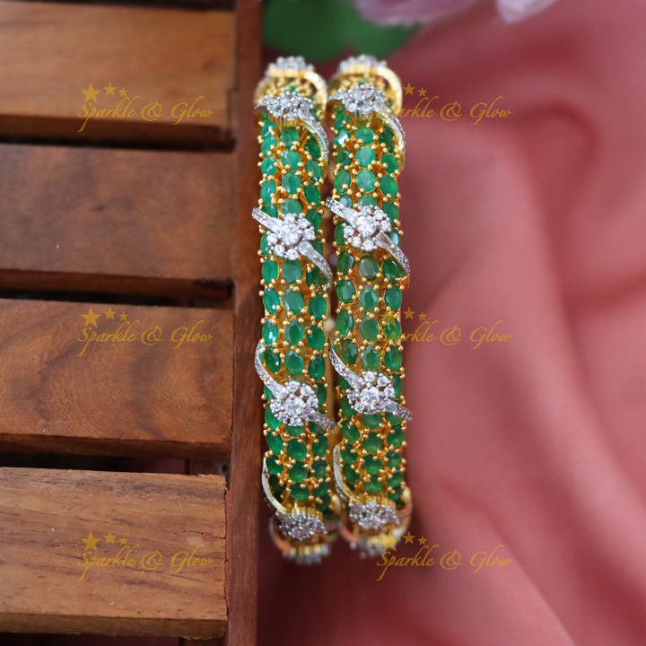 Elegant Green Stone Bangles with American Diamonds