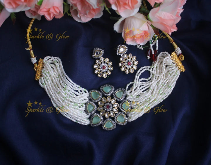 Statement Pearl Kundan choker - Dark Green - Sparkle and Glow