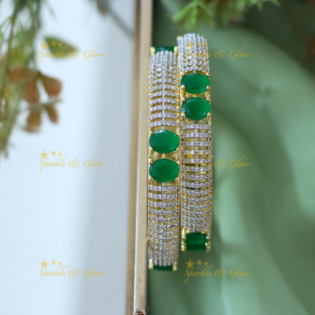 Exquisite American Diamond Bangles with Green Gemstones