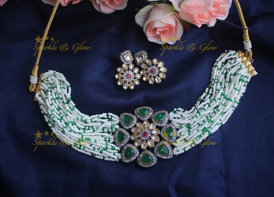 Statement Pearl Kundan choker - Dark Green - Sparkle and Glow