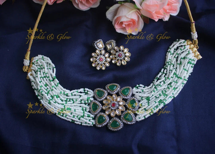 Statement Pearl Kundan choker - Dark Green - Sparkle and Glow