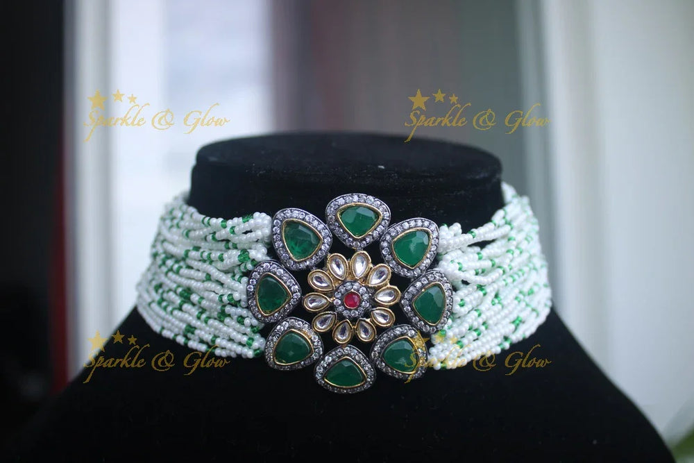 Statement Pearl Kundan choker - Dark Green - Sparkle and Glow