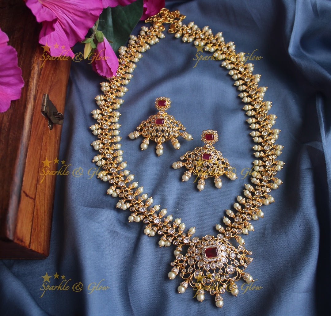 Statement intricate cut work ad long necklace - Green - Sparkle and Glow - Green - Back Thread