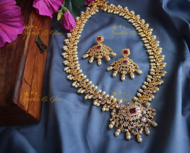 Statement intricate cut work ad long necklace - Green - Sparkle and Glow - Pink - Back Thread