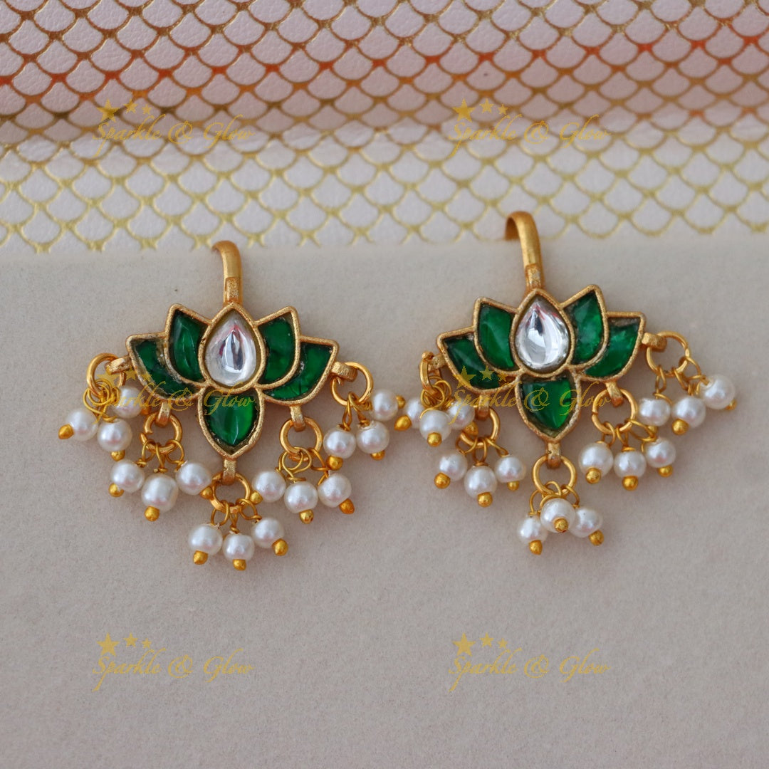 Elegant Jadau Kundan Wide Lotus Floral Bugadi Earrings