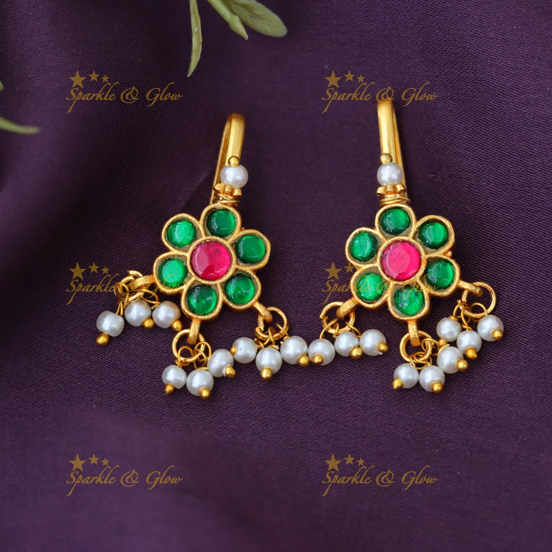 Traditional Bugadi Earrings - Jadau Kundan Floral Design