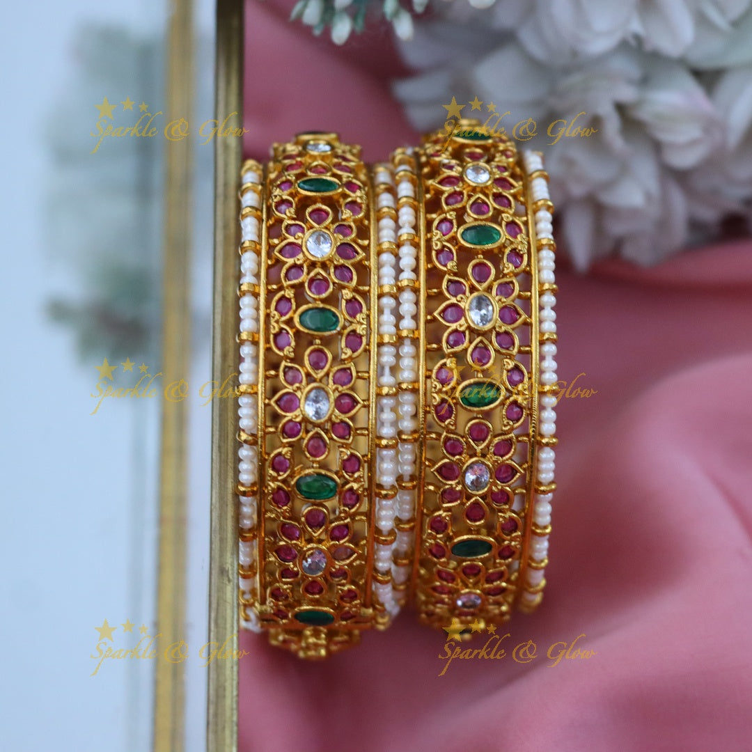 Elegant Gold Plated Bridal Bangle Set with Pearls