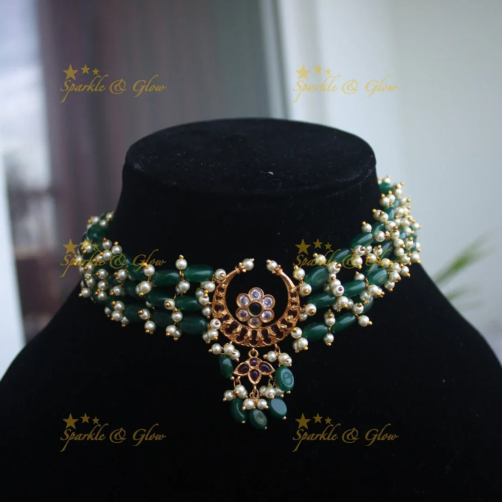 Green Bead Moon Choker with kemp stones - Sparkle and Glow