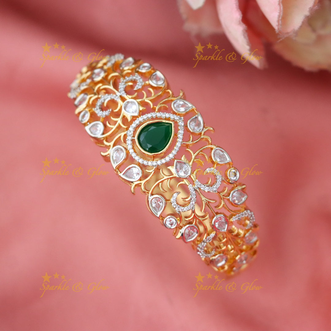 Exquisite American Diamond & Green Gem Bangle Bracelet