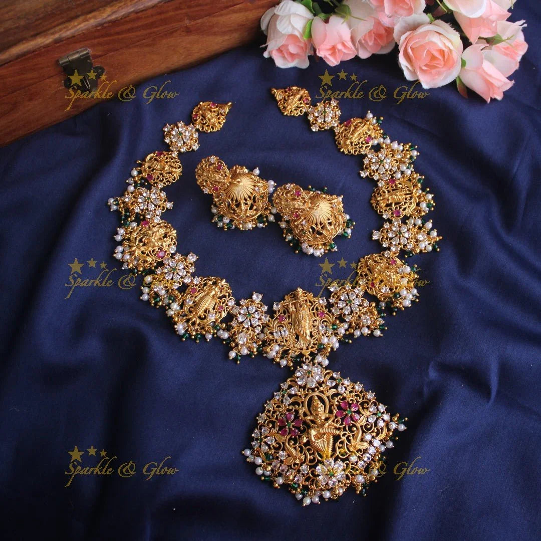 Gold alike Dashavatharam gutta pusalu necklace - White stone with pearl and green beads - Sparkle and Glow