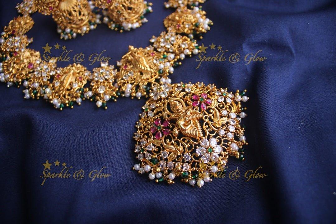 Gold alike Dashavatharam gutta pusalu necklace - White stone with pearl and green beads - Sparkle and Glow