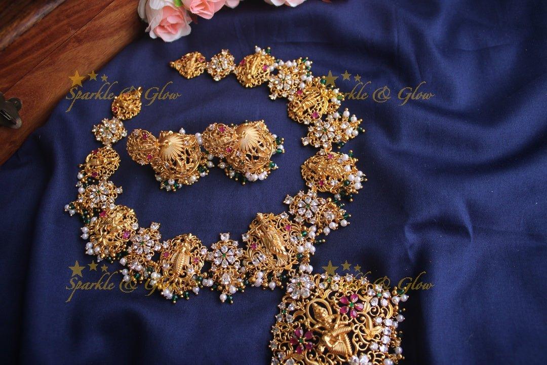 Gold alike Dashavatharam gutta pusalu necklace - White stone with pearl and green beads - Sparkle and Glow