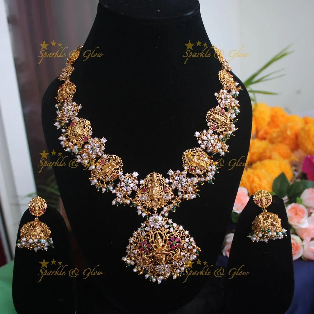 Gold alike Dashavatharam gutta pusalu necklace - White stone with pearl and green beads - Sparkle and Glow