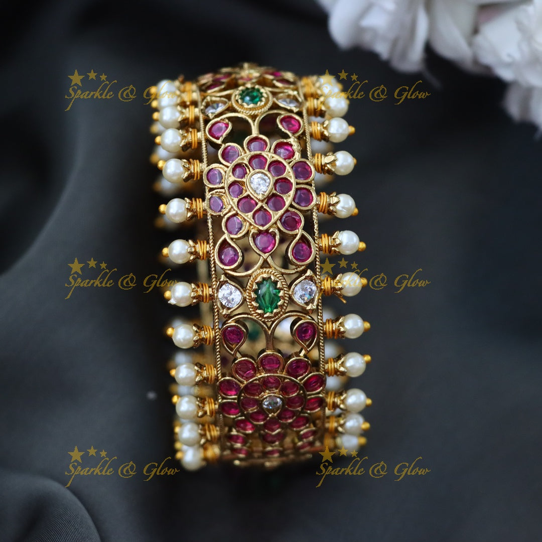 Stunning Gold-Plated Bangle Set with Pearls & Stones