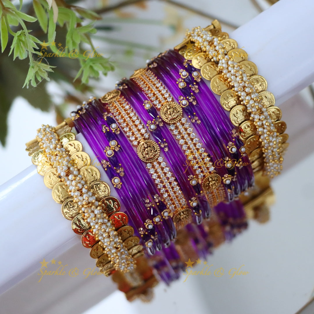 Sparkling Lakshmi Coin Carved Bridal Bangle Set