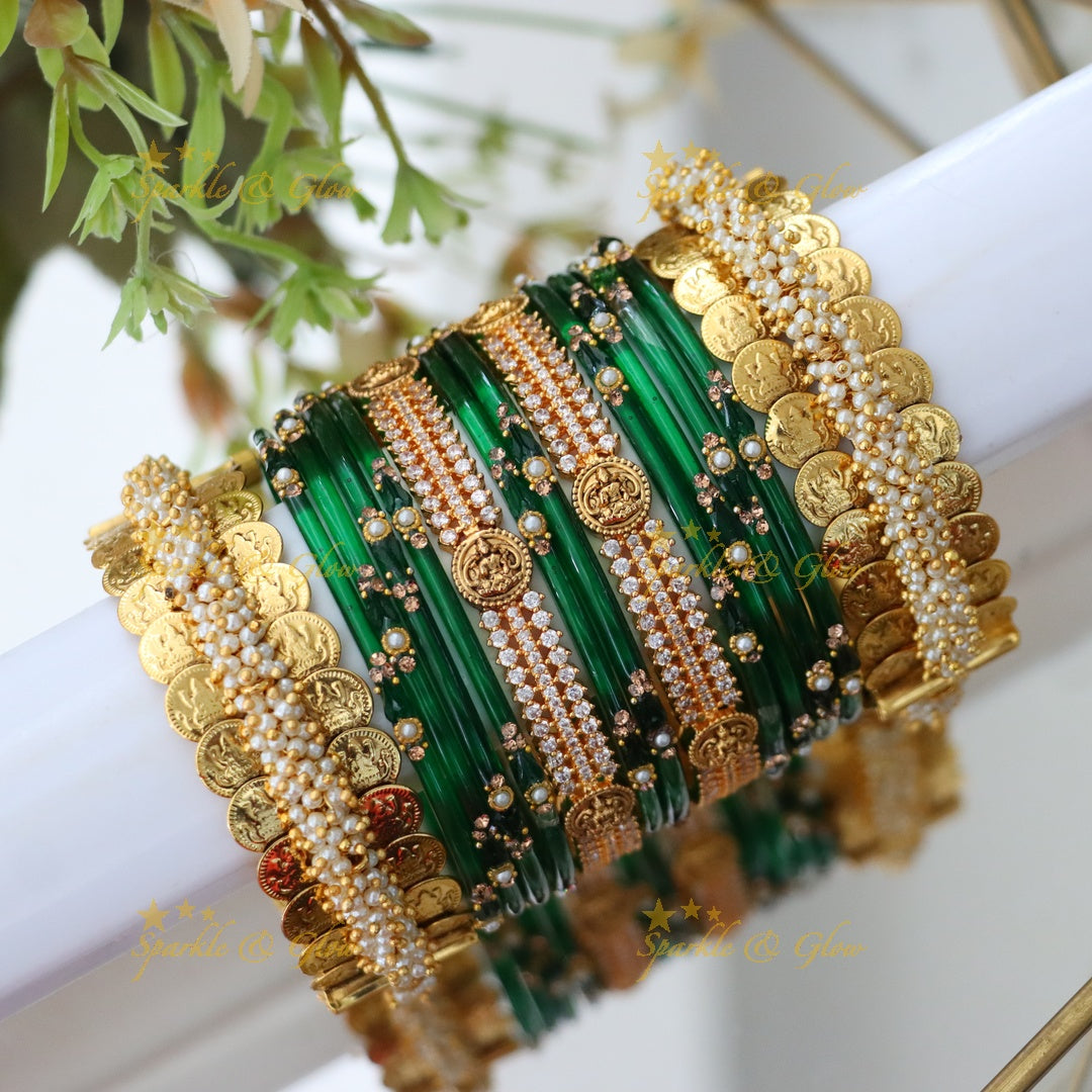 Sparkling Lakshmi Coin Carved Bridal Bangle Set