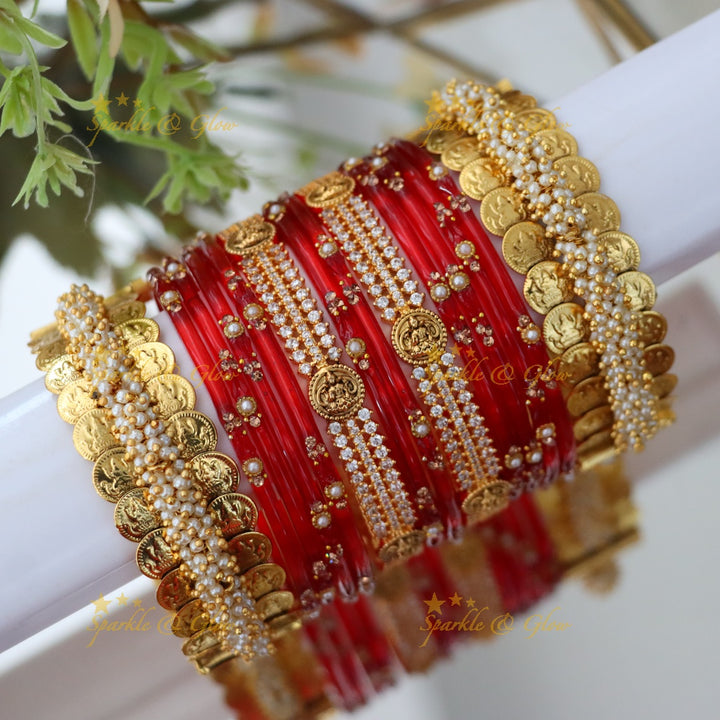 Sparkling Lakshmi Coin Carved Bridal Bangle Set