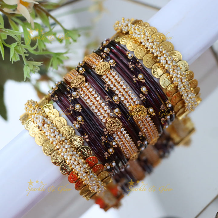 Sparkling Lakshmi Coin Carved Bridal Bangle Set